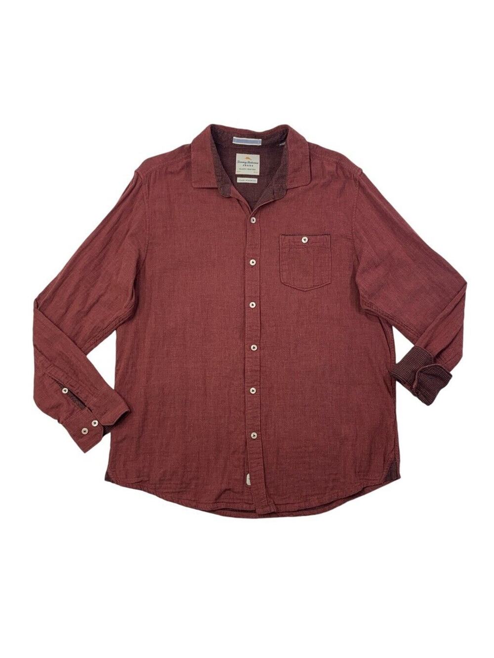 Tommy Bahama Shirt Mens M Brick Red Cotton Island Crafted Modern Fit Flip Cuff